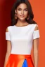 Placeholder: fullbody shot of young-beautiful-ozbek-with-a-perfect-face-with-make-up-wearing-orange top and midi pleated blue skirt