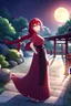 Placeholder: girl, masterpiece, best quality, cinematic lighting, detailed outfit, vibrant colors, perfect eyes, red hair, very long hair, braided ponytail, blue eyes, hakama, shrine, moon, starry sky, plants, stone walkway,