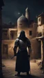 Placeholder: Make me a picture of a Muslim knight, standing in front of old and small houses, make the picture in the dark, with his back to the screen.