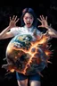 Placeholder: An image of a young Korean woman with a surprised expression, holding her hands up as if she is reacting to a catastrophic event in front of her. She is wearing a white blouse with detail, blue shorts, and sunglasses pushed up onto her head. In front of her, there is a highly detailed planet resembling Earth, dramatically cracking and breaking apart with fiery explosions and molten lava visible at the fractures. Debris is flying outward from the planet. The background is stars/space