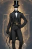 Placeholder: Super hero man. he has a slick black suit that makes so we can see his abs and pecs. He has a gentleman's black suit. a old watche's gold chain that goes in his front pocket. He has a white mask that is used for balls HIS SUIT IS ALL BLACK. He has a black top hat on his head. A blue fantasy portal is opening behind him.