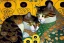 Placeholder: Two cats on a terrace. Gustav Klimt. Perfect brown eyes with perfect iris, perfect pupils.