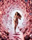 Placeholder: make a picture pretty cave made of crystal and metallic 3d fractal recursive cubic and sphere base structures and a beautiful fashion model lady with cute,curvy long hair,makeup, in pretty sports suit is running inside cave ,dynamic camera fallow her inside cave capturing full body, dynamic lights.