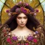 Placeholder: portrait,"Insanely detailed photograph of a beautiful Queen of the Dark Goddess,gorgeous clean face, highly intricate dress,intricately designed colorful flowers in hair,elegant, highly detailed hair, digital painting, artstation, concept art, smooth, sharp focus, illustration, art by artgerm and greg rutkowski, alphonse mucha,Dan witz, 8 k,looking downward,album cover art,fantasy