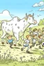 Placeholder: Lots of people running away from an cow with their stolen milk