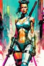 Placeholder: create a full body portrait illustration of a robotic cyberpunk samurai female cop, with highly detailed and deeply cut facial features, in a chaotic, turbulent, otherworldly city in the comic art style of BILL SIENKIEWICZ and JEAN GIRAUD MOEBIUS, searing lines and forceful strokes, precisely drawn, inked, and darkly colored