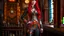 Placeholder: full body and headshot of a skinny Cleopatra, with long straight red hair, dressed as an assassin standing in a steampunk setting.