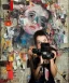 Placeholder: happy beautiful girl holding big proffesional camera in studio. street art, oil on canvas, spray paint, collage, letters, newspapeers, Dave McKean, Vladimir Fedotko, Saturno Butto, Vaughn Bodé, Frank Wu, James C. Christensen, collage, dirty, paint dripping, radiant