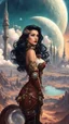 Placeholder: exotic sci-fi steampunk pin-up girl, with long dark hair, on an alien planet with cloud trees, tall spires, buildings, bridges, arches