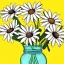 Placeholder: illustration of a bouquet of daisies, digital illustration, pastel colors, plain yellow background, minimalist art