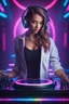 Placeholder: Photograph beautiful woman with headphones playing music on a turntable, dj rave party, album art for a trance dj, synthwave image, headphones dj rave, girl wearing headphones, dj, wonderfull techno party, cgsociety 9, trending digital art, edm, beauty woman in holograms, dj at a party, 3d digital art 4k, dance music show