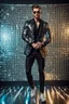 Placeholder: Full body Real photography handsome man super model European on fashion style dressing luxury jacket diamonds patterns,sunglasses,turn on music DJ player in disco club