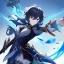 Placeholder: Genshin woman, Clear Focus High resolution, Calm Background, Light skinned woman, Black long beatiful hair, Dark blue sparkling eyes, Very Beatiful Face, Splash art, Battle Scene Epic