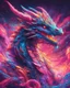 Placeholder: Close up shot, Dragon in a vibrant synthwave dreamscape, neon chaos swirling energetically around pixelated forms, a dynamic fusion of retro gaming nostalgia and futuristic abstraction