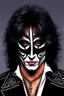 Placeholder: 30-year-old Peter Criss (Drummer) with shoulder length, wavy, straight black and gray hair, with his face made up to look like a cat's face, red lipstick - in the art style of Boris Vallejo, Frank Frazetta, Julie bell, Caravaggio, Rembrandt, Michelangelo, Picasso, Gilbert Stuart, Gerald Brom, Thomas Kinkade, Neal Adams, Jim Lee, Sanjulian, Thomas Kinkade, Jim Lee, Alex Ross,