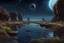 Placeholder: Dark blue sky with one exoplanet in the horizon, rocks, cliffs, puddle, weeds, sci-fi movies influence, movie wallpaper, epic, ernest welvaert and charles leickert impressionism paintings