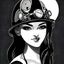 Placeholder: great illustrator, spanish, sketch of a girl, beautiful, steampunk syle, black and white. Helmet with tubes.