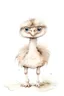 Placeholder: Create a line drawing, full watercolor Audobon style illustration of a baby ostrich. The ostrich should have a friendly expression, standing with legs wide open, infusing the illustration with a sense of liveliness and charm characteristic. Keep the design simple and elegant.