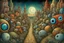 Placeholder: nighttime suburban street filled with eyes, eyes imbedded in the flora and architecture, surreal fantasy suburban universe of many surreal eyeballs, Bosch-like eyeball pets, surreal hyper surveillance eyeball alternate reality, surrealism, by Alexander Jansson, by Hieronymus Bosch, primary colors, intricate details, natural lighting, magical realism, eyeball suburb.