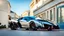 Placeholder: A sleek (((a fusion of lamborghini veneno and bentley))), its glossy shell reflecting the (((bright sun))), cutting through a (((clear bright blue morning sky)))