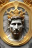 Placeholder: Ultra Realistic image, Roman sculpture, clean white marble material, Lionel Messi, gold Laurel leaves wreath, god crown, renaissance ornaments, one gold star in heart, sun ornament, sun rays background, chisel style, waist up portrait, emperor style, epic, celestial, cinematic lighting, God light, god rays, 4k resolution, smooth details, ornate details, soft lighting, unreal engine 5, art station, substance 3d.