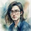Placeholder: watercolour, large strokes, stylistic, portrait, illustration, dull colours, young, 20-something male, really long black hair, brown eyes, has a certain aura of confidence,sharp facial features, slick angular glasses.
