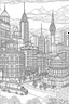 Placeholder: various architectural landmarks and cityscapes, coloring book page, simple and clean line art, adult drawing book, low details, black and white, crisp black lines, no shades, sharp lines, coloring book for adults, cartoon style, landscape