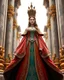 Placeholder: A beautiful Queen in a luxurious and detailed costume, standing among magnificent architectural columns. Wearing a long colors dress with very intricate ornamental details. The dress is equipped with long and wide sleeves, and decorations on the chest and waist that look like medals or emblems. Above the character's head is a large crown,The architectural columns around the character are also very detailed, with gold carvings and ornament