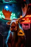 Placeholder: An big female moose with big eyes "Veronika Moser" performing at dance club, her name is "Moser" HAIRY FRUITS EVERYWERE On stage, Green Neon lights and smog, and "VERONIKA MOSER" big sign on the wall, "DU UND ICH UND MOSER" red plate sign, Swedish Yellow warning sign with moose