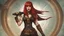 Placeholder: full body and headshot of a skinny Cleopatra, with long straight red hair, dressed as an assassin standing in a steampunk setting.