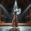 Placeholder: A full-body cinematic photograph of a graceful Azerbaijani woman performing a traditional national dance. She wears an intricately embroidered velvet bodice and a flowing long silk skirt. On her head is a small ornate traditional crown with a long, translucent white lace veil flowing elegantly behind her. She stands in a poised, elegant dance pose on a sleek modern performance stage with dramatic professional spotlighting. The stage is set inside a massive opulent royal hall with high ceilings,
