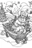 Placeholder: Christmas coloring page with Illustrate Santa Claus in his sleigh, filled with gifts, flying across a starry night sky., a bold ink line sketch drawing illustration.