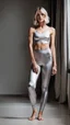 Placeholder: anorexic yoga woman, androgynous, model body, satin silver leggins, short satin silver yoga top, medium length wavy bob haircut, head and body towards camera