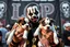 Placeholder: make an color image of rapper Violent J of ICP Insane Clown Posse holding two puppies whose faces the have Insane Clown Posse Juggalo black and white face paint, ICP, background is a ICP rap festival