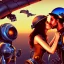 Placeholder: great illustrator, spanish, realistic rendering of a cute spanish girl kissing a robot man, beautiful, steampunk style. Helmet with tubes. Machinery in the background. robotic bird flying. High details. 4k. unreal engine, sunset