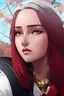 Placeholder: mysterious youthful Russan female, man, dark and intriguing, confident, intense, handsome, anime style, retroanime style, red long hairs, white woman, Naruto Head Protector