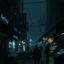 Placeholder: a dark market square, cyberpunk style, dodgy salesmenm dark mood