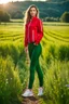 Placeholder: fullbody shot of young-beautiful-girl-with-a-perfect-face wearing sport pants and sport red blouse and sport jacket and shoes standing in country side green field day lights