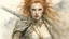 Placeholder: Hyper-photorealistic watercolor art style by Luis Royo , ginger-haired woman with natural skin tones, hyperdetailed face, full body diagonal shot, encounters male bandits in dark fantasy countryside setting, absence of mysterious elements, dramatic lighting, ultrafine detail, octane rendering., by