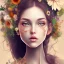 Placeholder: Woman, flowers in hair, long brown hair, beautiful face, marigold