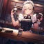 Placeholder: anime waitress taking her break at booth inside a New York diner with two identical coffee cups placed in front oh her on the table, two tea cups