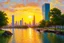 Placeholder: sunset, buildings, lake, rocks, city, park, trees, cyberpunk, sci-fi, emile claus, and claude monet impressionism paintings