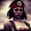 Placeholder: illustrator, hyper realistic, young spanish pirate girl crying, short hair.lips red. tatoos on neck. dressed in leather and metal bra. pirate ships. high details, thunderstorm. 4k, unreal engine, misty, tintoretto