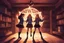 Placeholder: two teenagers summoning a demon in the shadows of a dorm, one is a cheerleader, the other is Hermione Granger young woman, the magician student. The demon stands in the center of a pentagram