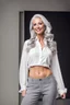 Placeholder: full body of very beautiful lady wearing pants and bluse ,white gray hair ,standing idle happy pose in studio