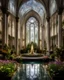 Placeholder: Miniature cathedral inside a transparent glass parabolic box, a world of flowers, plants, fountains and water features, historical, fantasy, mythical, gentle, symmetry, detailed and beautiful composition, totally symmetrical, halo lighting and chiaroscuro, clarity and precision. Award-winning photograph.