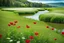 Placeholder: a big dance grass field in country side environment ,green field ,flowers , small river at distance,blue sky pretty clouds ,camera looking at horison