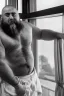 Placeholder: full figure shot photography of burly chubby turkish man 55 years old, at the windows , towel around the waist, bulge, hands behind the head, emotive eyes, long beard, manly chest, curly hair, sharp focus, backlit, harsh overhead sunlight, ambient occlusion , photorealistic , frontal view