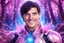 Placeholder: cosmic bionic beautiful men, smiling, with light blue eyes and straight blu dark hair in a magic extraterrestrial landscape with pink fairy forest stars and bright beam