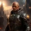 Placeholder: star wars bald male corellian pilot wearing pearlescent black and gunmetal grey First Order special forces heavy assault stealth commando armor and helmet with gold trim inside the jedi temple, hyperdetailed, dynamic lighting, hyperdetailed background, 8k resolution, volumetric lighting, light skin, fully symmetric details